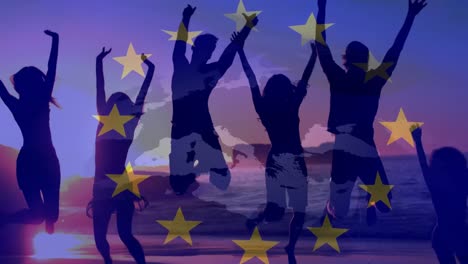 friends jumping together at beach with european flag and map