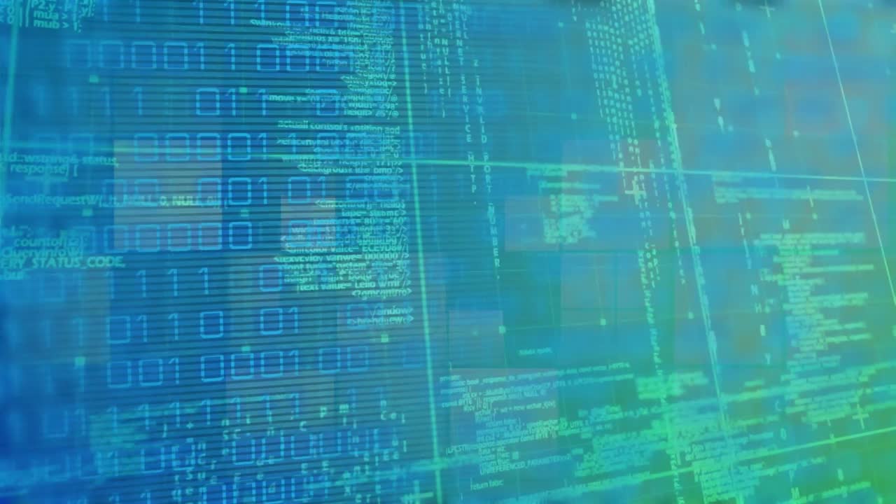 animación de código binario en una pantalla digital azul y verde