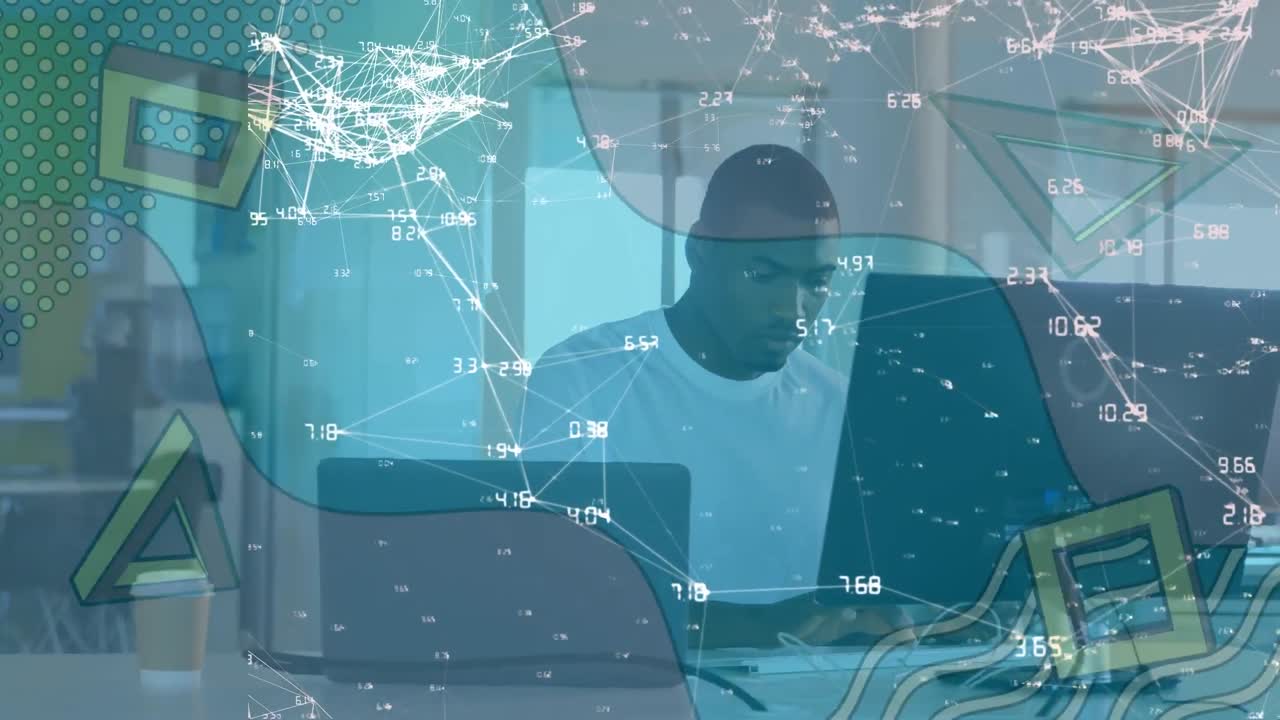 Animation of network of connections and media icons over businessman at desk using computer