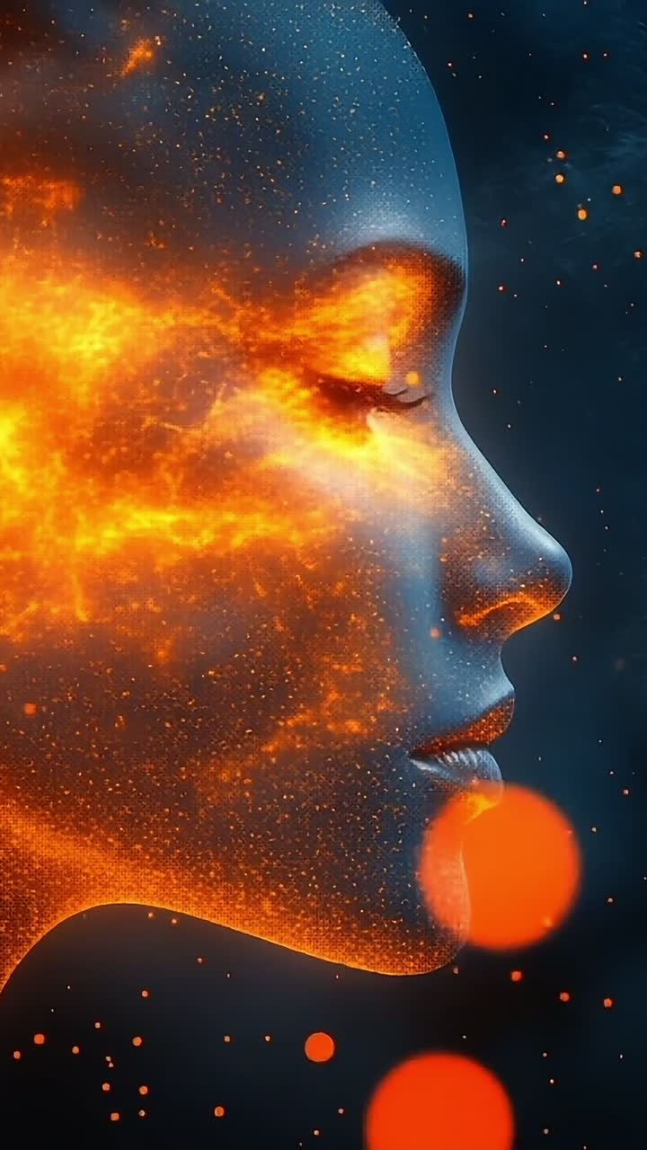 Fiery shape in cosmic scene. A woman's profile amid vibrant flames and cosmic elements creates a stunning contrast of fire and space.