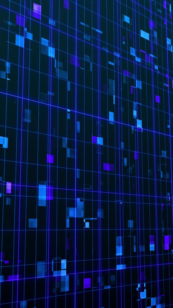 Abstract Digital Grid Background with Moving Blue and Purple Pixels