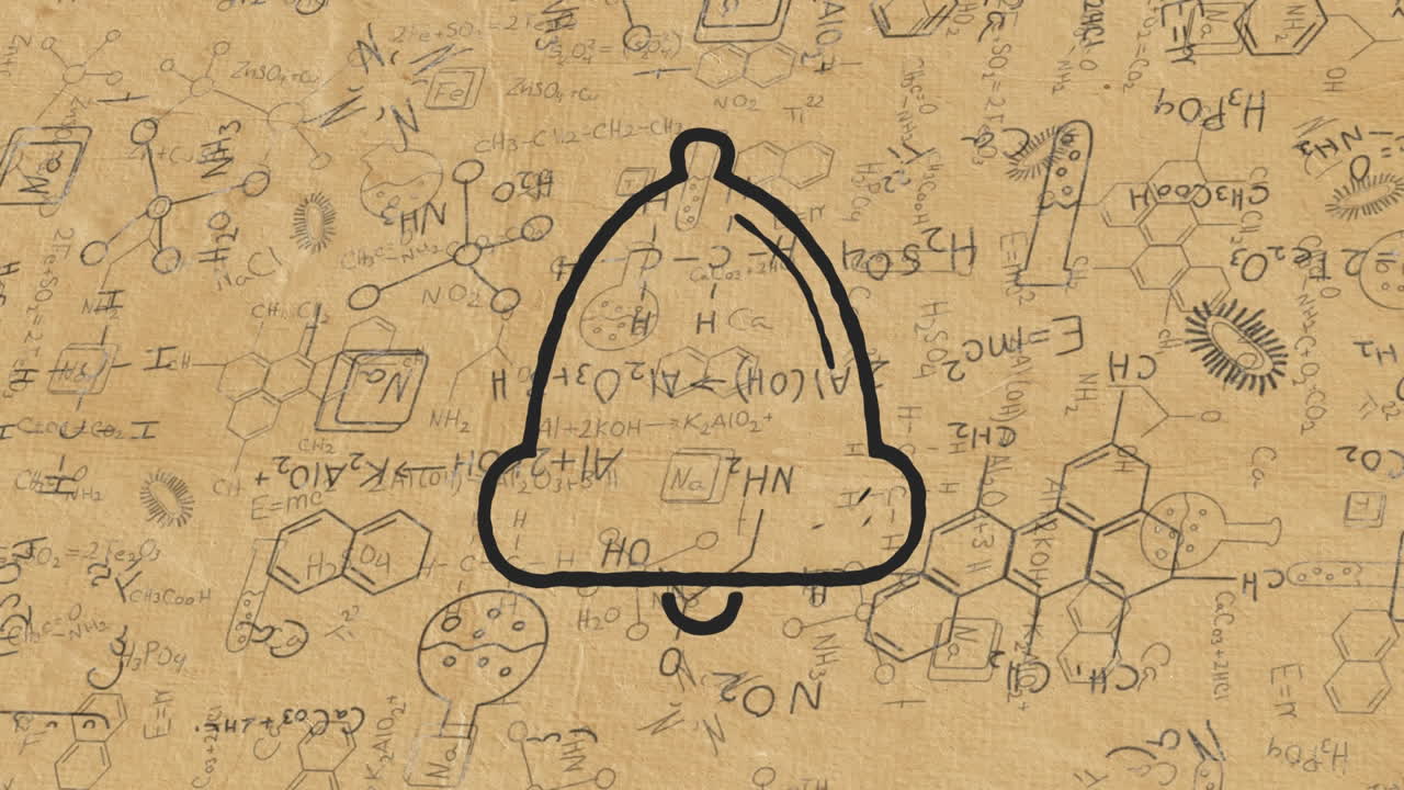 icono de la campana de notificación frente a las estructuras y ecuaciones de los productos químicos en fondo amarillo