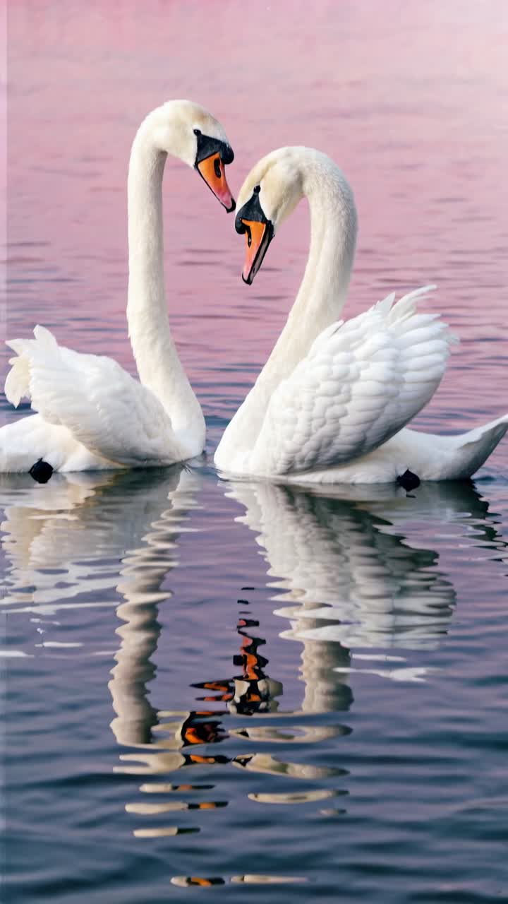 Two swans form a heart shape on a calm lake at sunset. Captured from a low angle, the serene scene