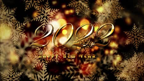 abstract 2022 happy new year gold bokeh and golden snowflakes falling. christmas new year background concept. 4k 3d looping. golden glitter lights christmas winter celebration, snow festive loop greeting title.