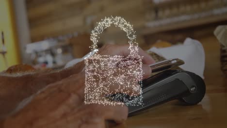 animation of network security padlock over people using payment terminal