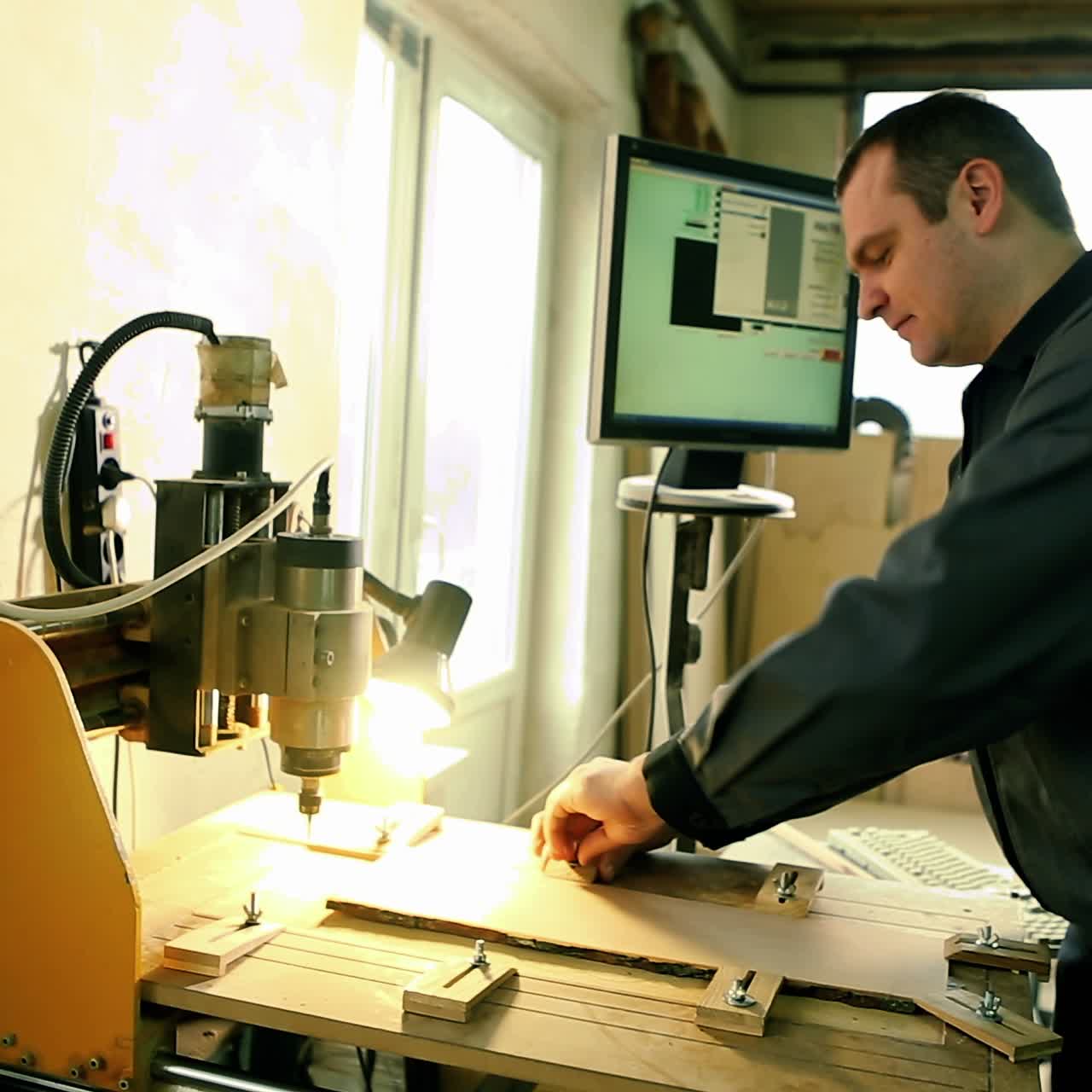 la macchina di taglio del legno si muove sopra il tavolo di lavoro