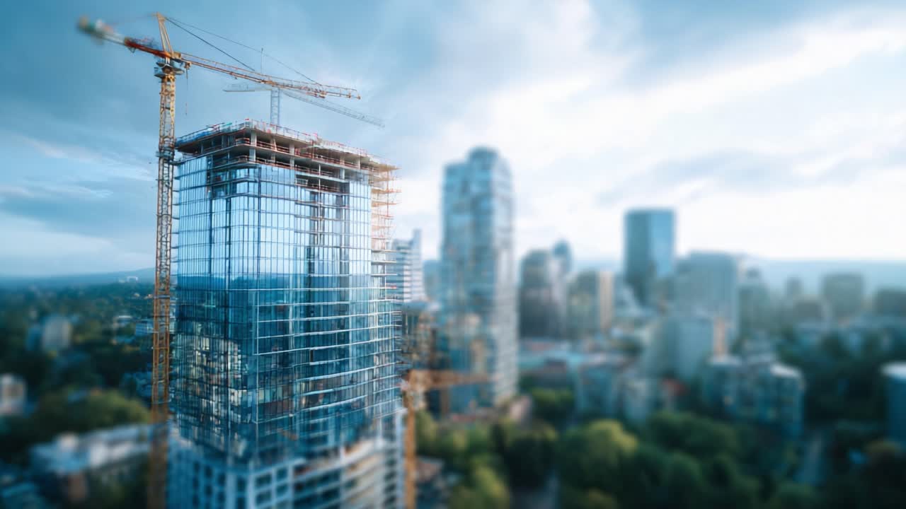 Vista moderna de la construcción de un rascacielos con grúas y el perfil urbano de fondo, que muestra el desarrollo urbanístico y el progreso arquitectónico en una metrópolis bulliciosa.
