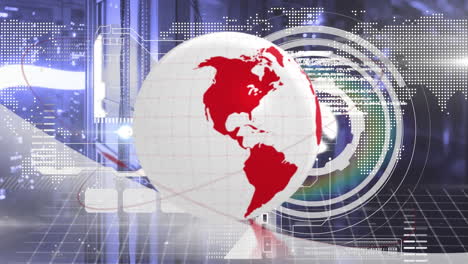 animation of globe, scope scanning and data processing over computer servers