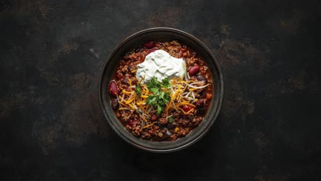 a bowl of chili with shredded cheese, sour cream, and parsley on top