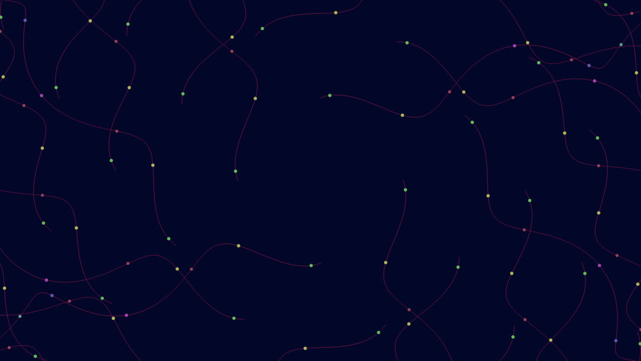 Abstract footage of curved flowing lines and glowing dots forming a digital network pattern on a dark blue background, ideal for technology, data, and connection themes