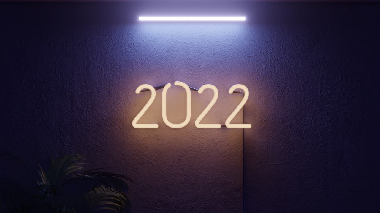 imágenes en 3d de neón amarillo parpadeante 2022 en una pared de hormigón azul