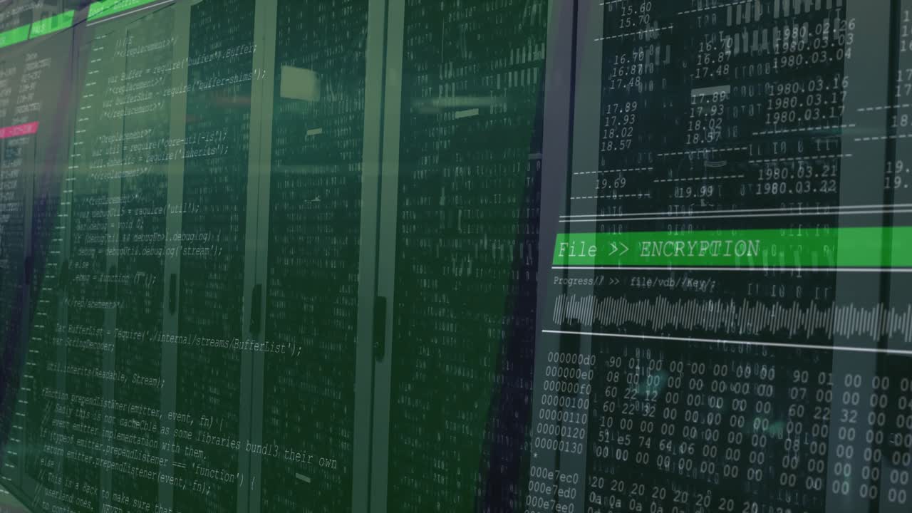 Green bar fading in starting console overlaying hex code and encryption progress on server cabinets