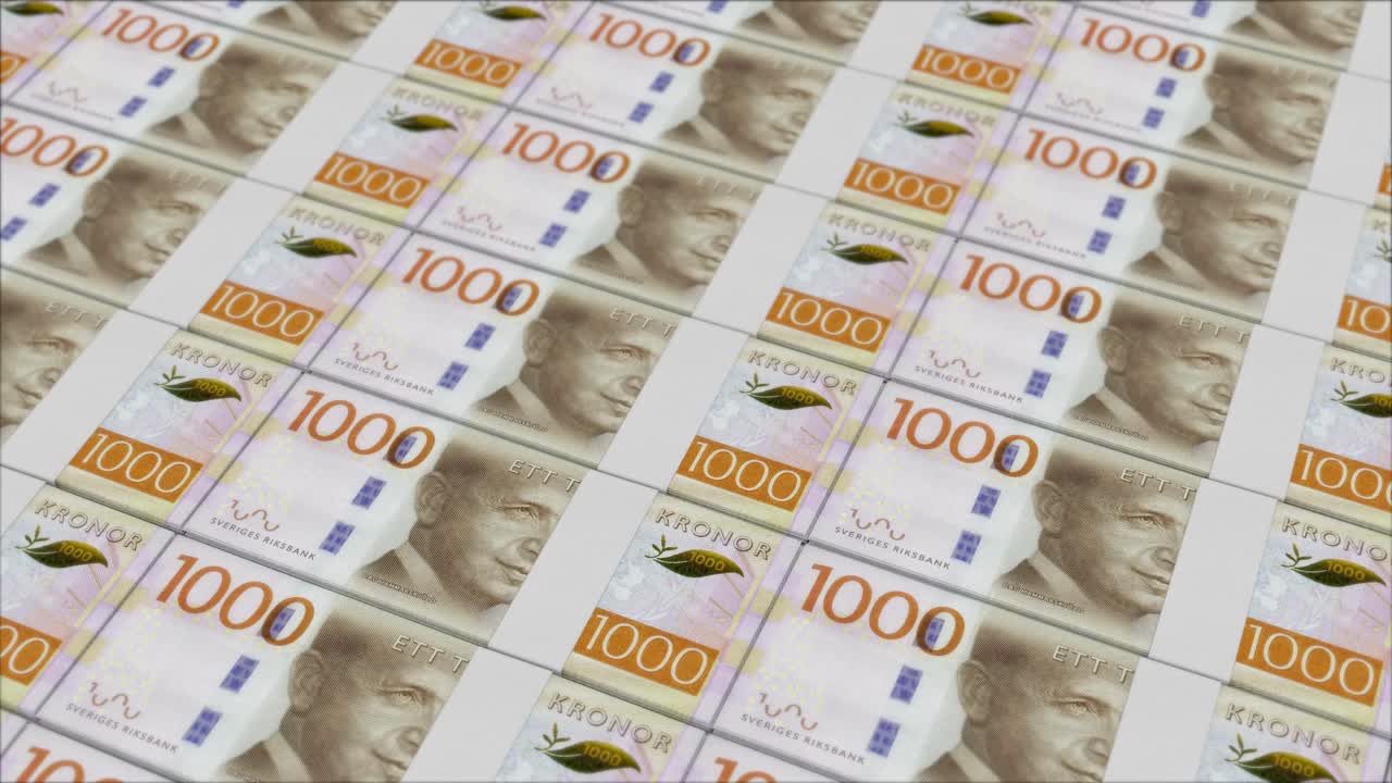 1000 스웨덴 크로나 지폐가 녹색 스크린으로 떨어집니다.