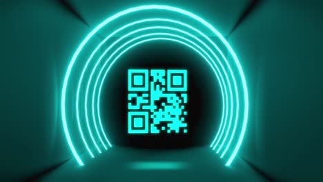 Animation-of-illuminated-barcode-and-circles-against-abstract-background