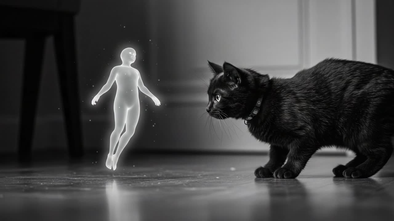Un curioso gato negro interactúa con una misteriosa figura etérea en un espacio enigmático, capturando un momento de intriga y asombro en una escena sencilla pero cautivadora