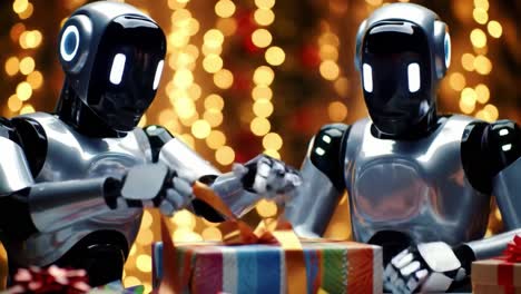 two robots enthusiastically unwrap colorful gifts at a lively celebration. twinkling lights create a cheerful atmosphere, showcasing teamwork and excitement.