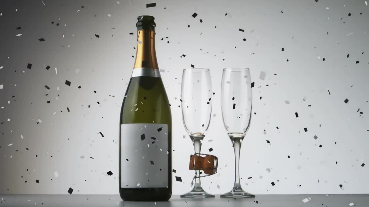 Coriandoli che cadono su una bottiglia di champagne e due bicchieri da champagne su sfondo grigio
