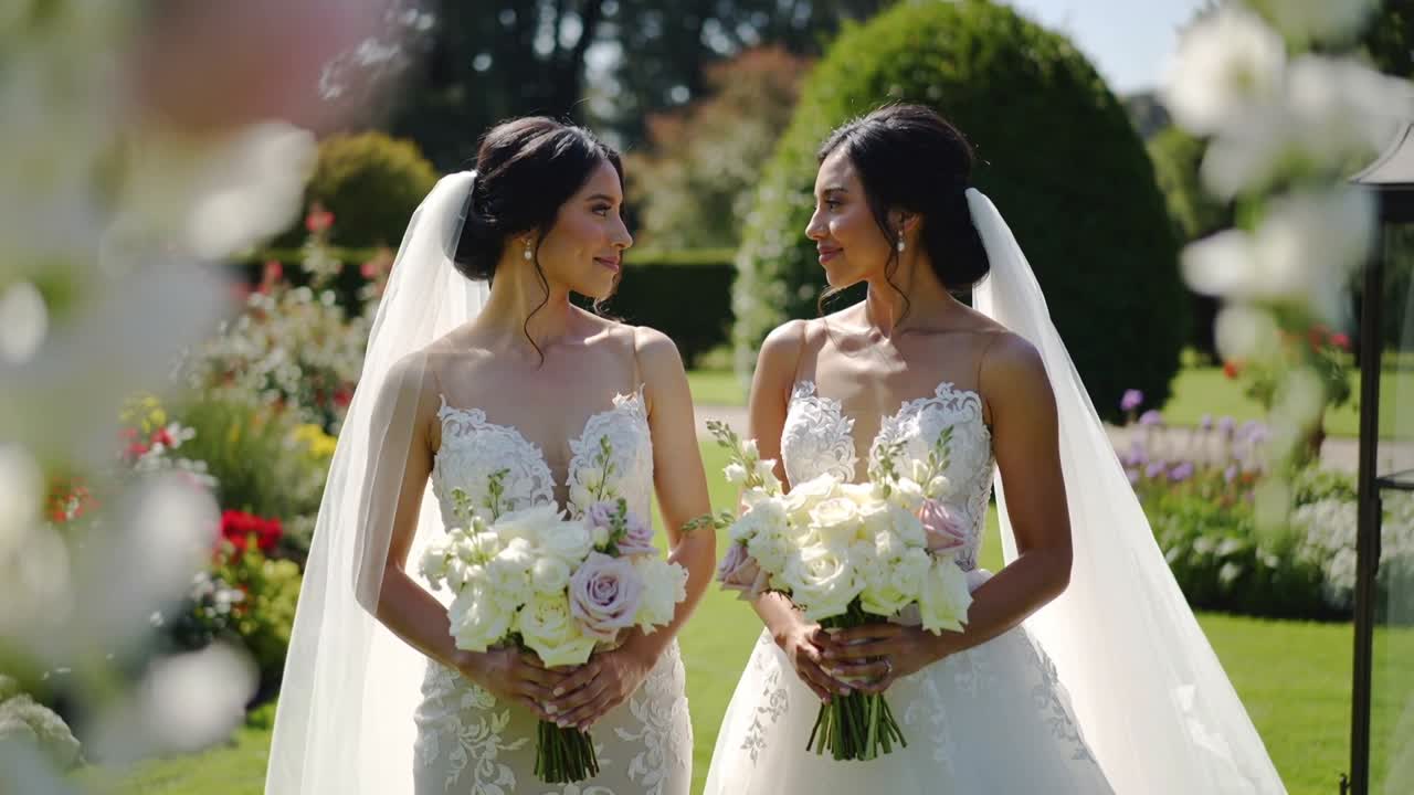 Camera tightening, two brides in lace veils turning and posing, smiling in garden, holding bouquets
