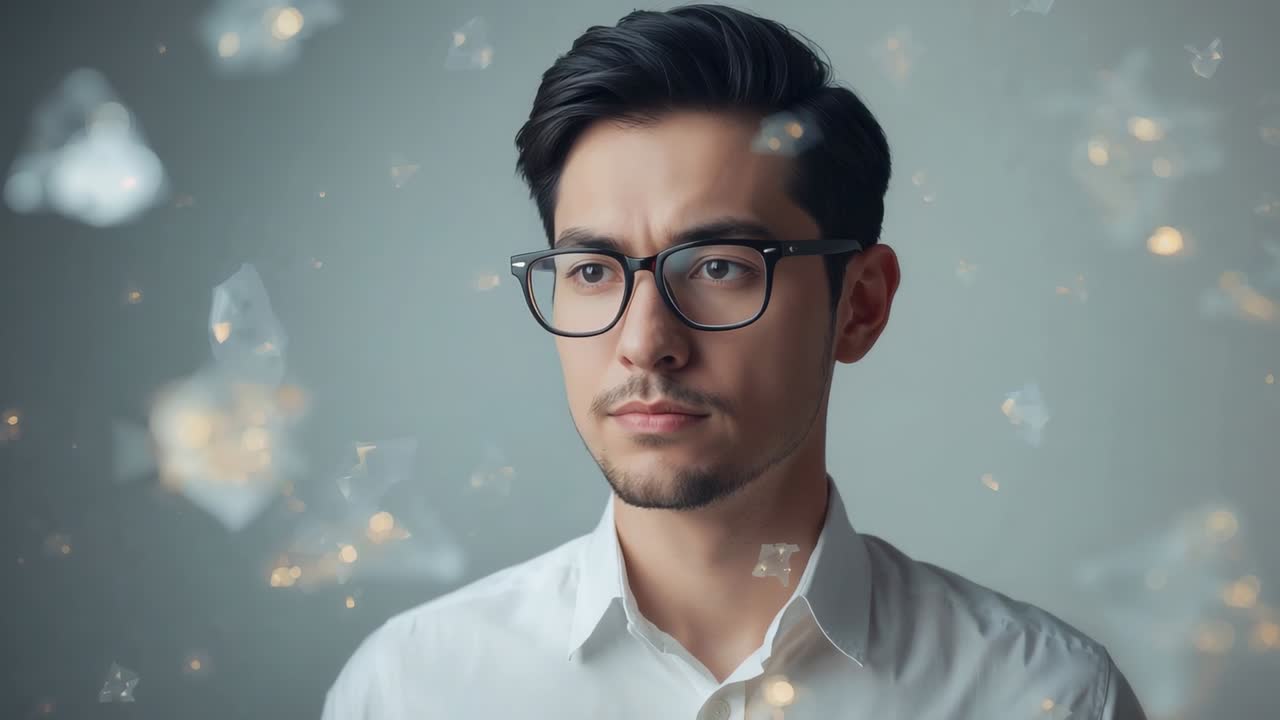 Turning Asian man wearing black glasses white shirt leaning in studio, zooming, particles drifting
