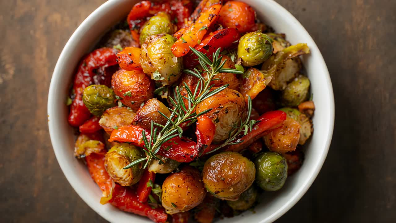 Camera shifting, centering white bowl of roasted vegetables on dark table, revealing rosemary sprig