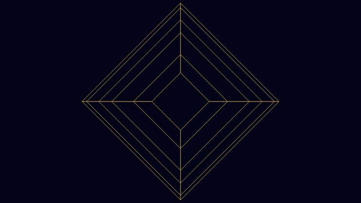 Golden geometric diamond on black, intricate intersecting lines design