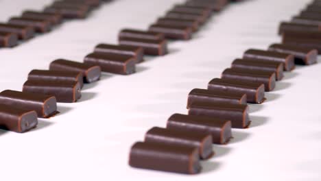 ready made chocolate sweets are moving along production line at candy factory.