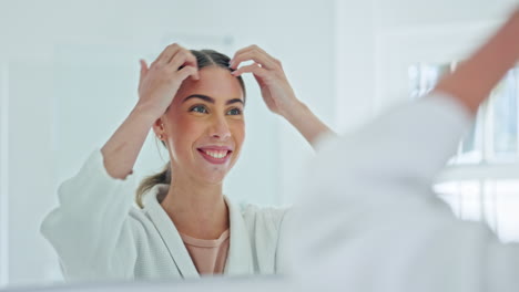 bathroom mirror, morning and woman with hair