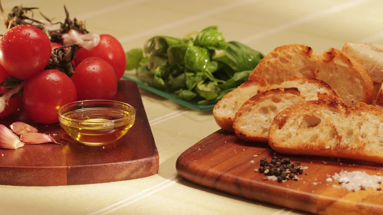Delicious tapas bread with tomatoes pasta with olive oil close-up, bruschetta with red sauce ketchup, olives dry tomatoes and tasty sandwich bar appetizer, buffet