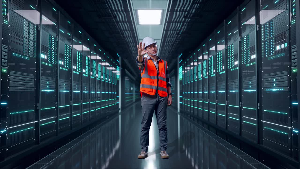 Full Body Of Asian Male Engineer With Safety Helmet Disapproving With No Hand Sign While Standing in Server Room Data Center