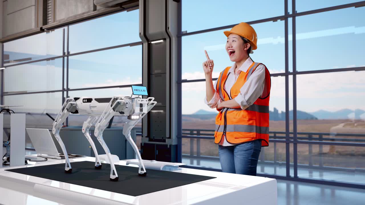 vista laterale del corpo completo di un'ingegnere asiatica con casco di sicurezza che pensa e si guarda intorno e poi alza il dito indice mentre si trova in una fabbrica ad alta tecnologia, analizzando il concetto di macchina robotica