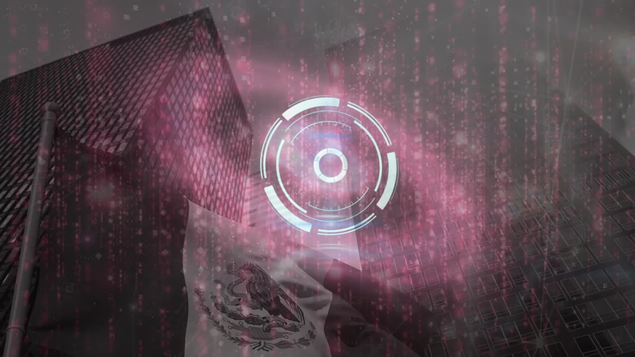 animación del escáner redondo rosa y procesamiento de datos contra edificios altos