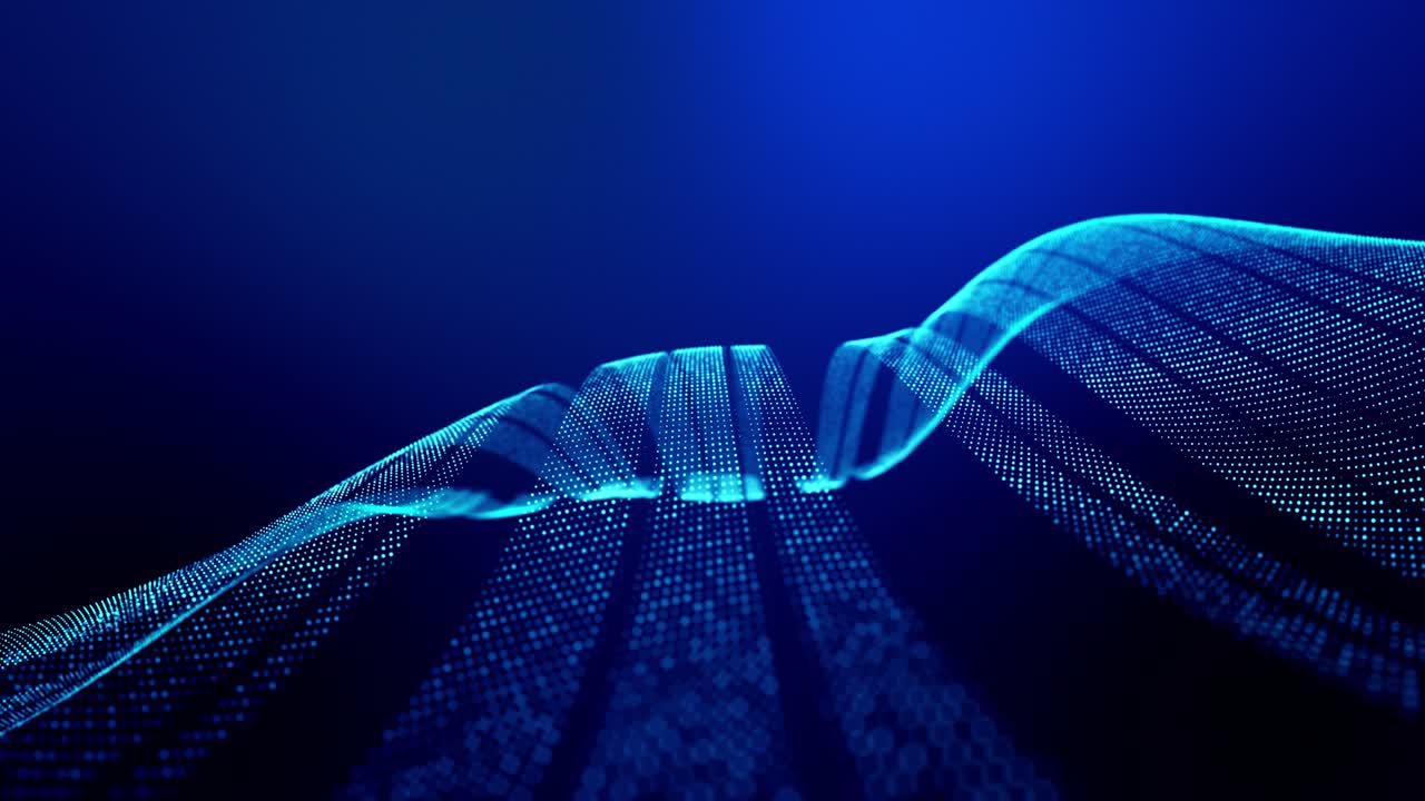 loop di sfondo astratto a 4k di particelle luminose che formano linee, superfici come paesaggio futuristico nel cyberspace o ologramma. tema fantascientifico di microworld, nanotecnologia o spazio cosmico. strisce blu