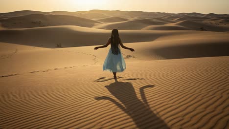 a tranquil moment in a vast desert landscape at sunset, capturing the silhouette of a figure in flowing attire as they walk through the serene sands, evoking peace and exploration