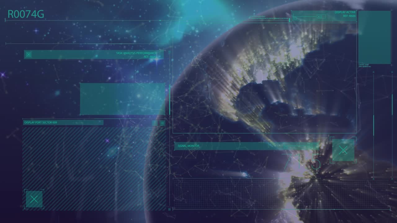 Animation of rotating globe and data processing on navy background