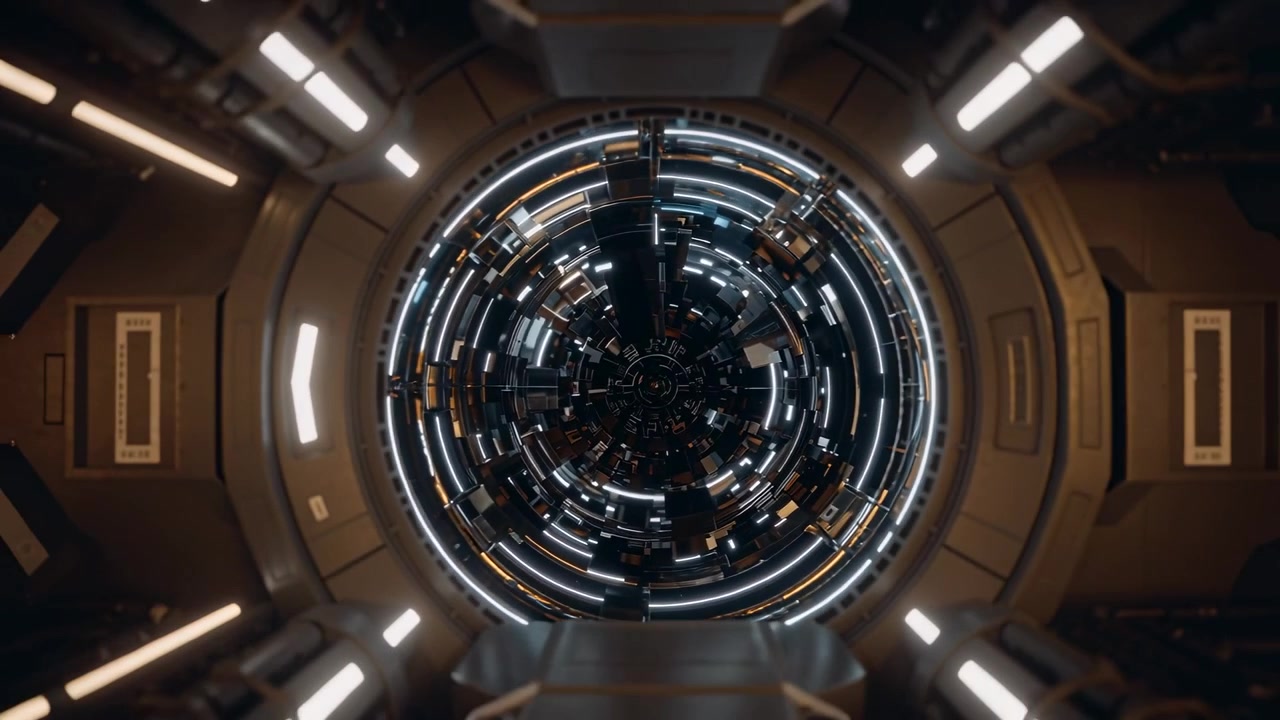 Dispositivo ad anello centrale rotante con LED pulsanti mentre la telecamera si allontana, rivelando una camera curva.