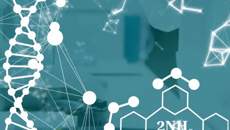 Animation-of-dna-and-chemical-structures-over-mid-section-of-scientist-using-syringe-at-laboratory