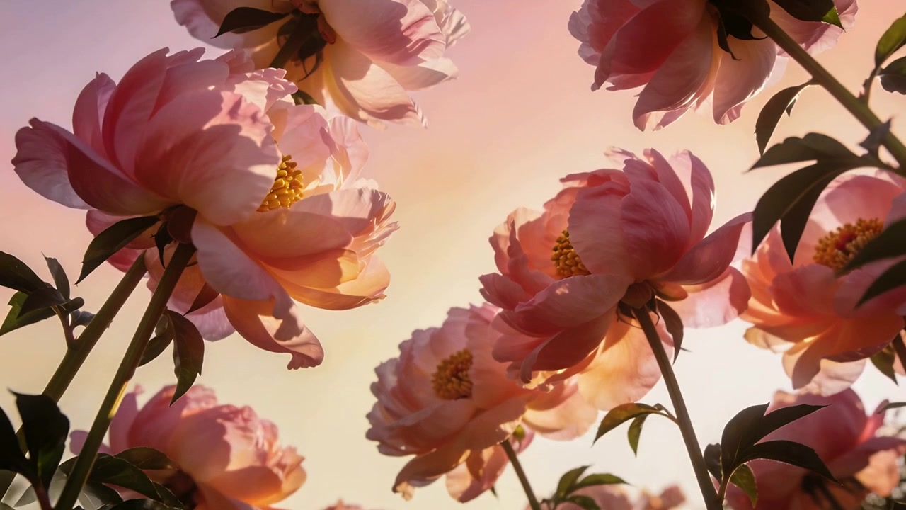 Peonie rosa che ondeggiano rispondendo a una leggera brezza in giardino da un'angolazione bassa, con il sole che crea un controluce