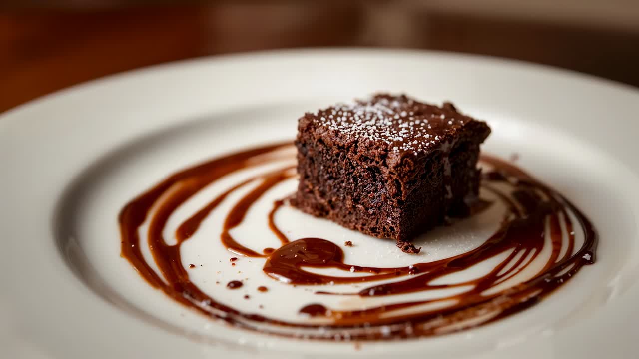 Resserrement de la caméra, cadrage, mise au point sur un brownie au chocolat sur une table, mettant en évidence le saupoudrage de sucre