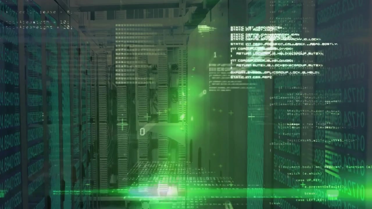 Green haze drifting activating scan, green laser sweeping server racks scrolling mapping data flow