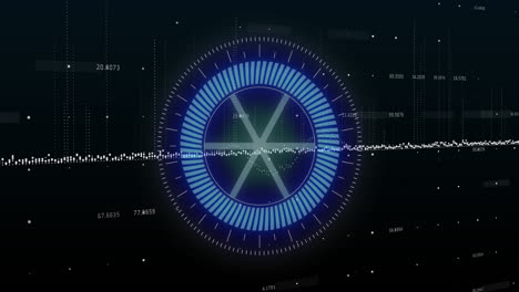 animation of neon round scanner and data processing against black background