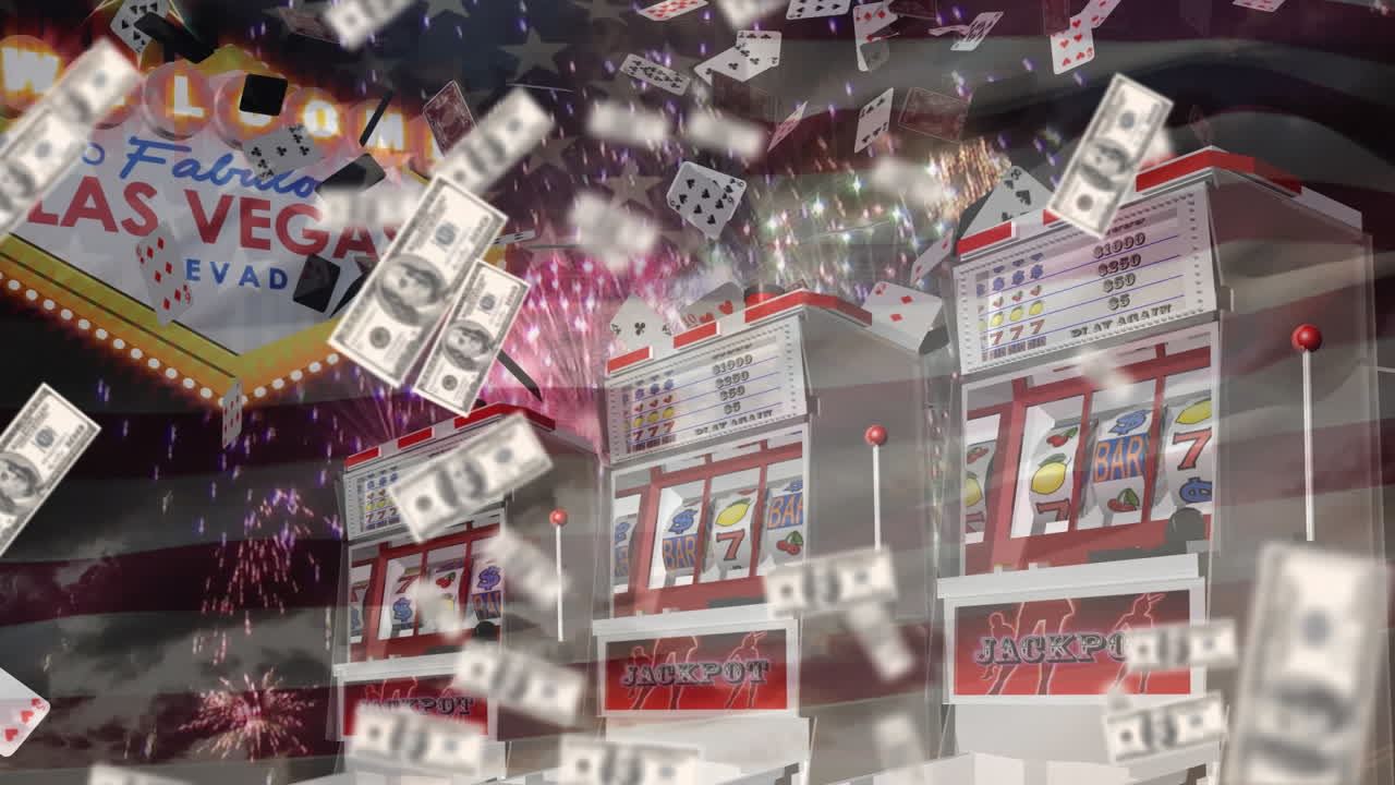 라스베가스 카지노에서 과일 기계와 함께 떨어지는 미국 달러 지폐의 애니메이션