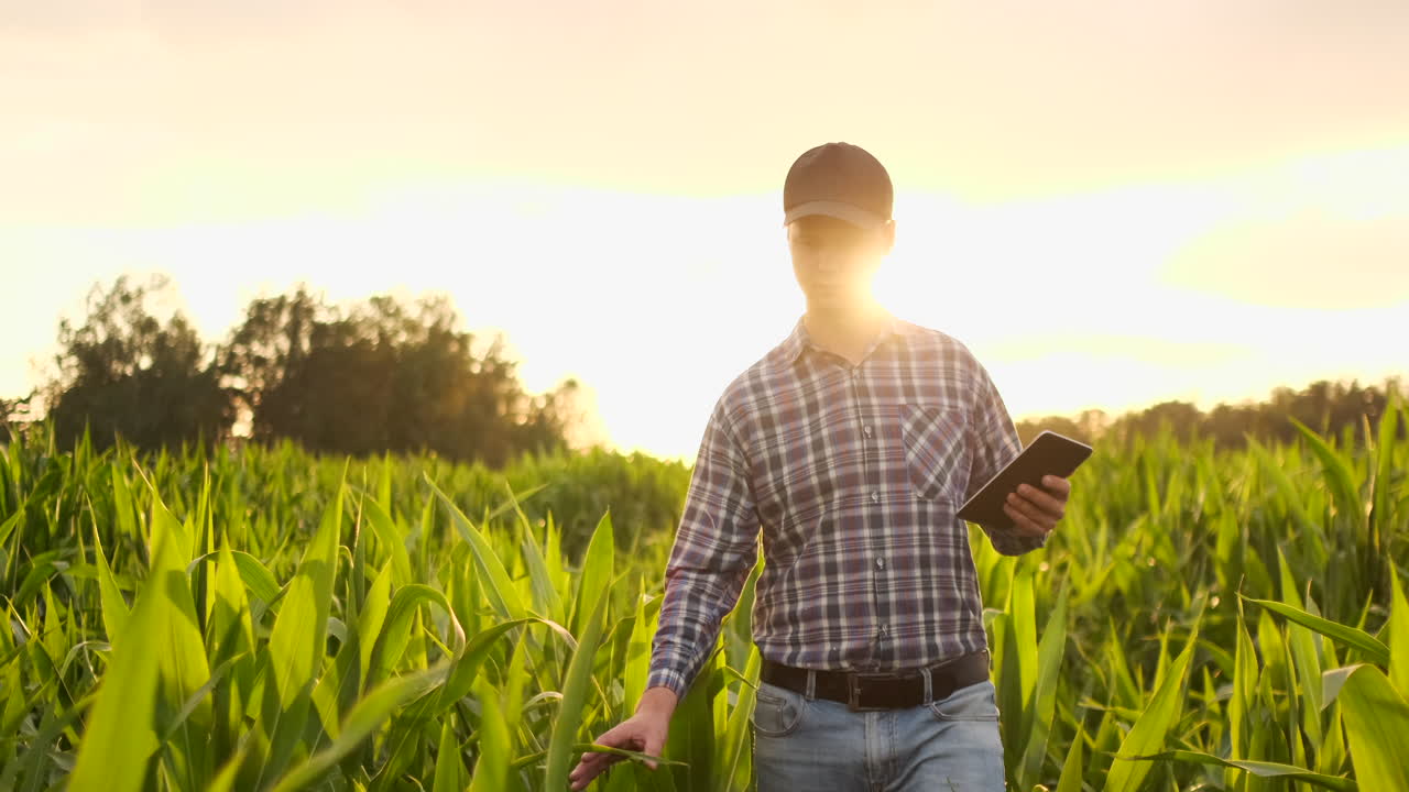 granjero al atardecer en un campo con una tableta. cámara lenta