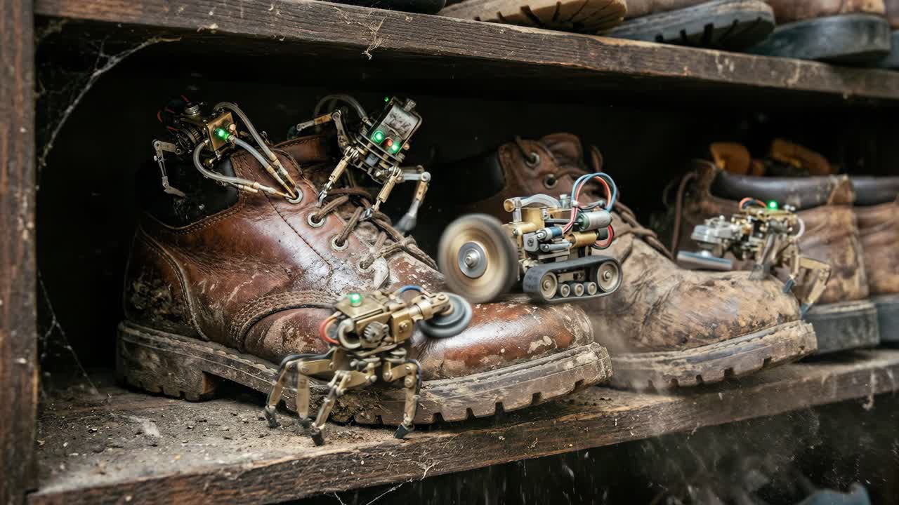 Steampunk-Roboter reinigen alte, schmutzige Stiefel auf einem staubigen Regal
