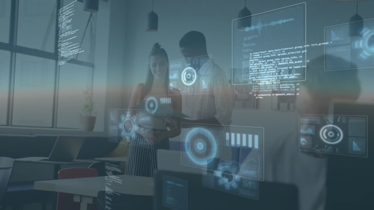 Animation of data processing over diverse business people having meeting at office