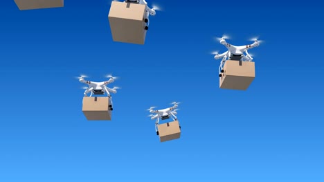 many drones flying in the blue sky and delivering packages. looped 3d animation with green screen and alpha mask. modern delivery concept.