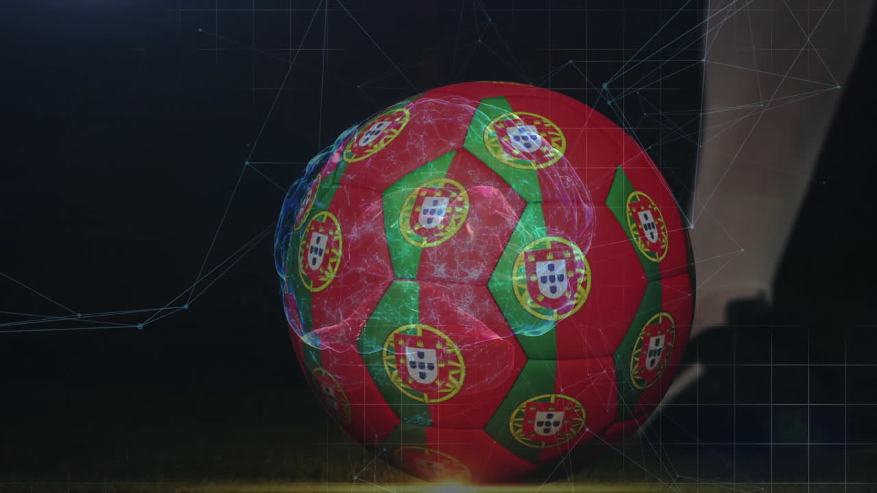 Red and green soccer ball with Portugal flags over digital network animation