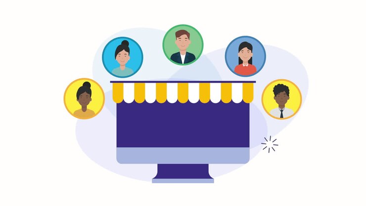 desktop with social media marketing community animation