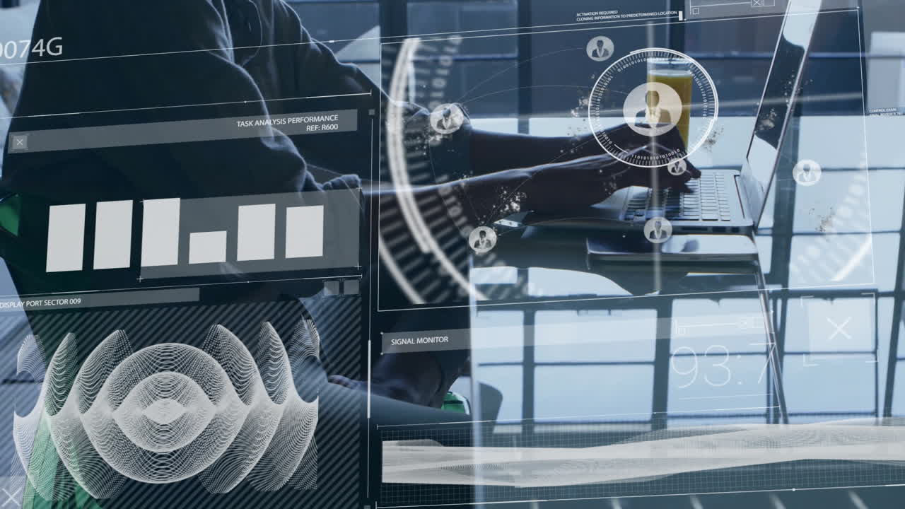 Working on laptop, person analyzing data with animated charts and graphs