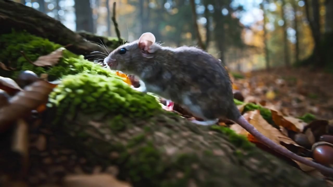 Roditore grigio del bosco che annusa il suolo della foresta, raccoglie una ghianda e si arrampica su una radice muschiosa mentre cerca cibo