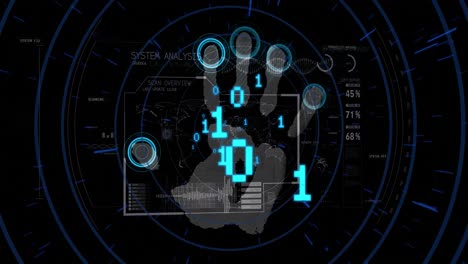 Animation-of-ai-data-processing-over-biometric-handprint-and-dark-background